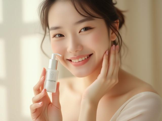 化粧品やスキンケア製品を持つ女性インフルエンサー