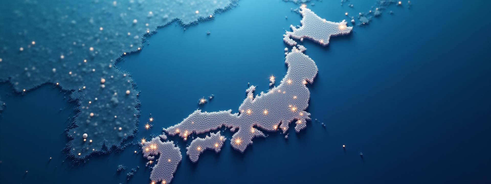 日本地図のスタイリッシュなデザイン、東京、大阪、福岡、札幌などの主要都市が点在し、地方のアイコンも描かれている